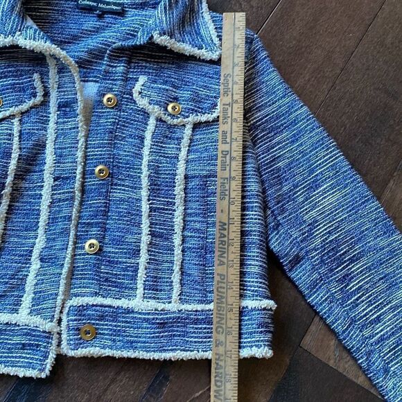 Catherine Malindrino tweed blazer jacket women’s size medium navy blue cream but - Picture 12 of 13